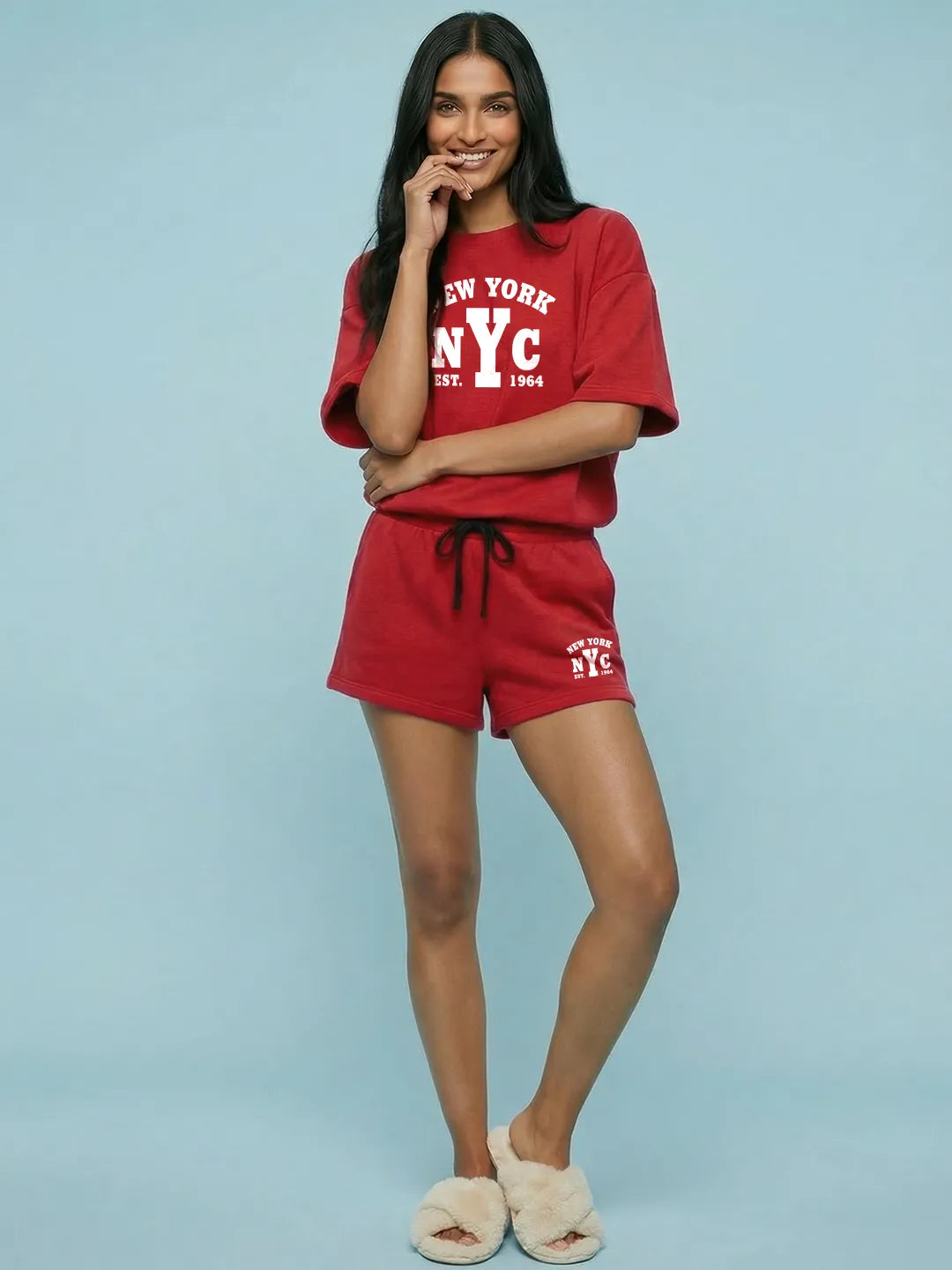 New York Cotton Women's T Shirt and Shorts Combo Set in Red Color