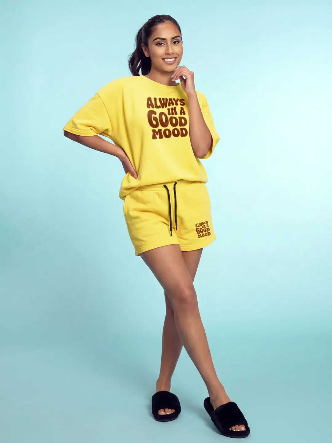 Always in Good Mood Cotton Girls T Shirt and Shorts Combo Set