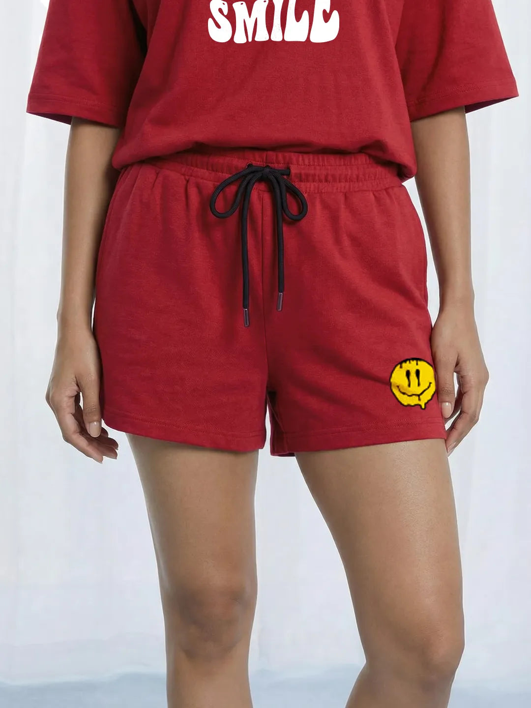 Smile Cotton Women's T Shirt and Shorts Combo Set in Red Color