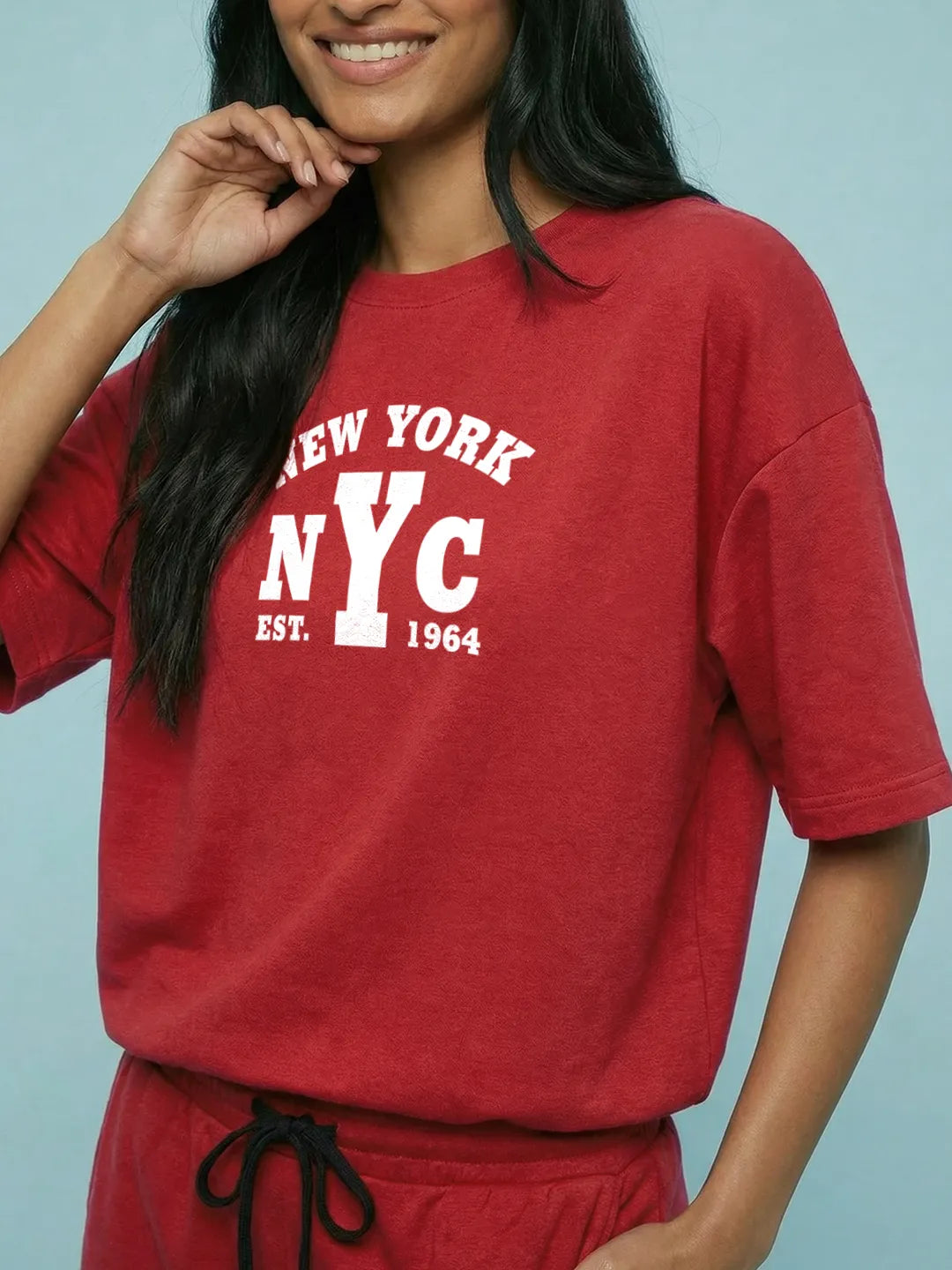 New York Cotton Women's T Shirt and Shorts Combo Set in Red Color