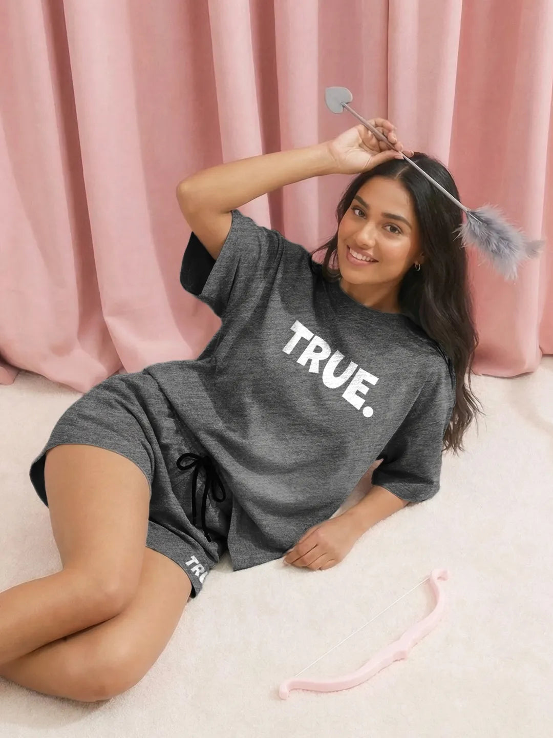 True. Cotton Women's T Shirt and Shorts Combo Set in Grey Color