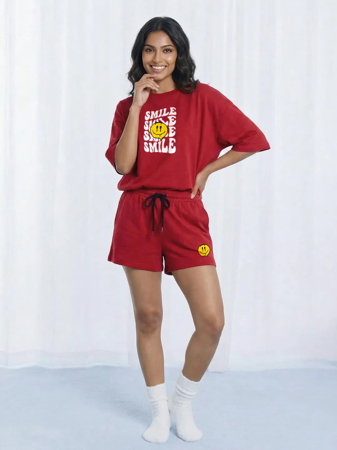 Smile Cotton Women's T Shirt and Shorts Combo Set in Red Color