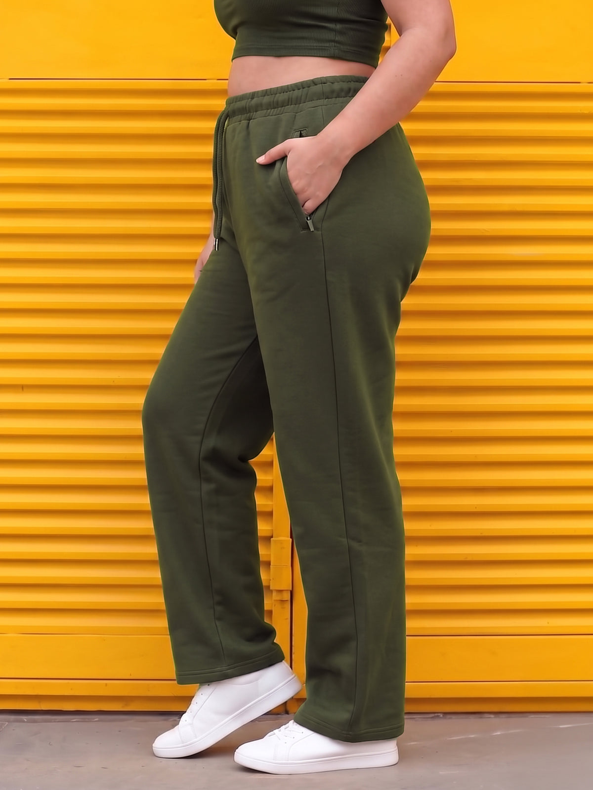 Dark Green Fleece Straight Joggers