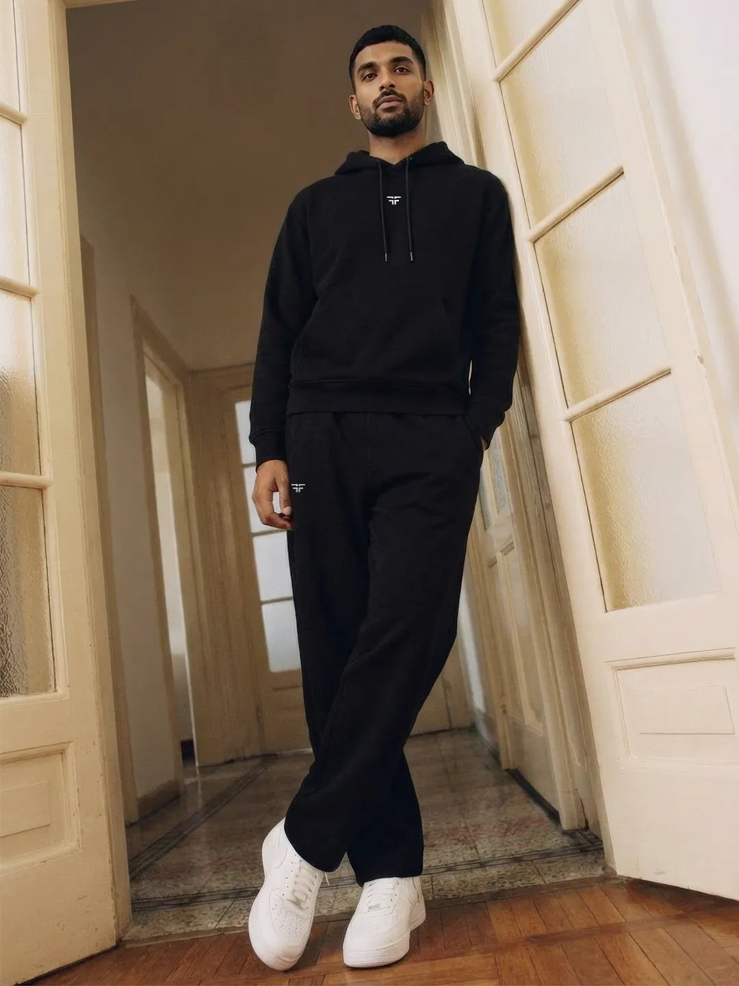 || BLACK STRAIGHT THERMAL CO-ORD SET (HOODIE & STRAIGHT FIT TRACKS COMBO) ||