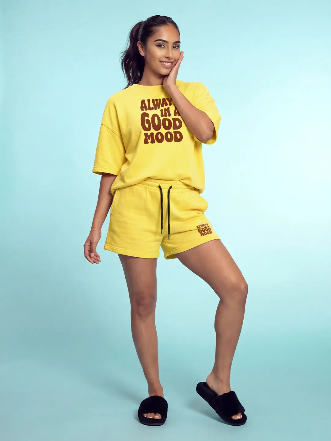 Always in Good Mood Cotton Girls T Shirt and Shorts Combo Set