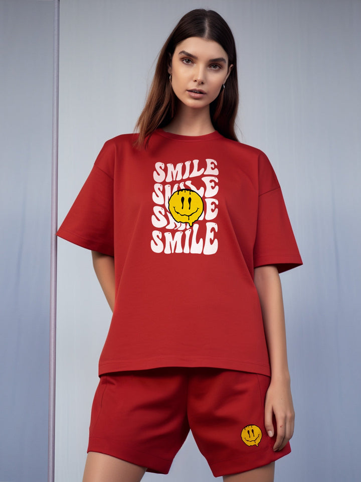 Smile Cotton Girls T Shirt and Short Set in Red Color