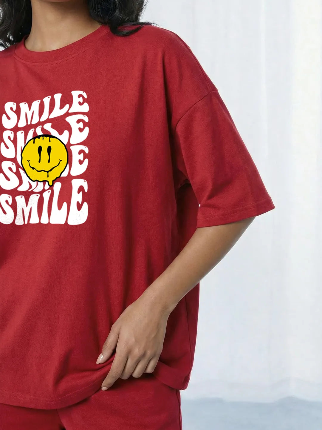 Smile Cotton Women's T Shirt and Shorts Combo Set in Red Color