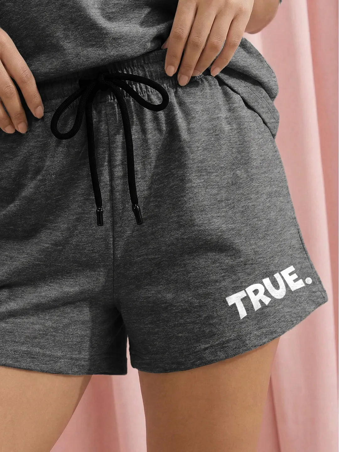 True. Cotton Women's T Shirt and Shorts Combo Set in Grey Color