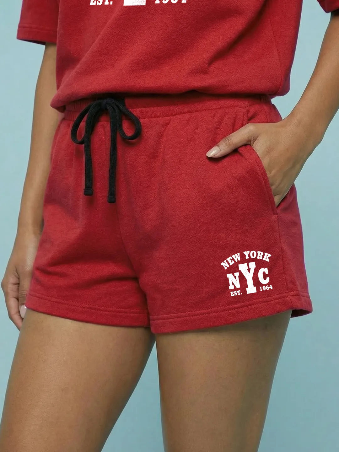New York Cotton Women's T Shirt and Shorts Combo Set in Red Color