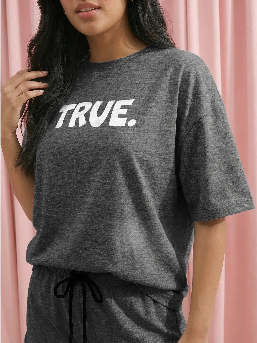 True. Cotton Women's T Shirt and Shorts Combo Set in Grey Color