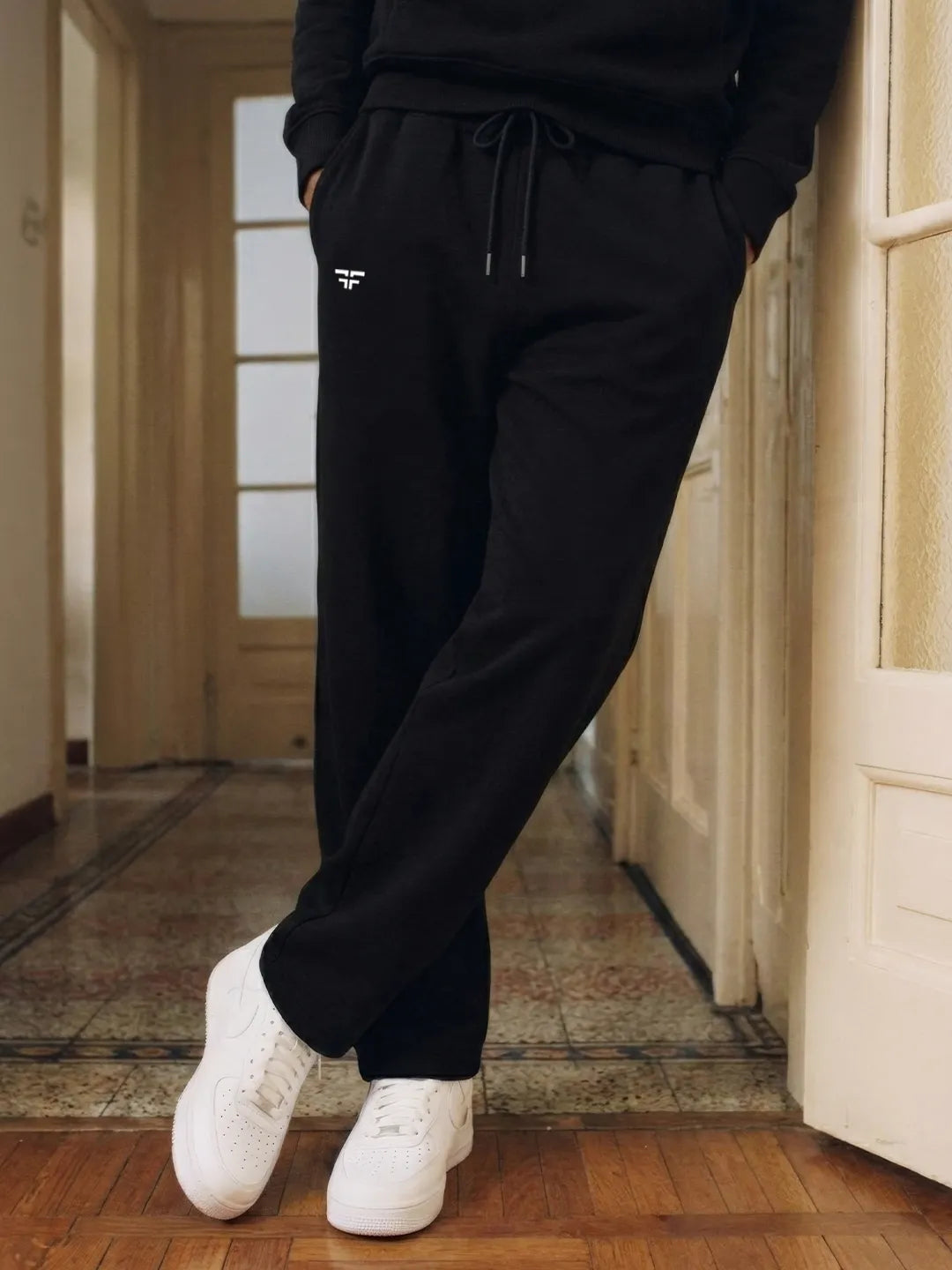 || BLACK STRAIGHT THERMAL CO-ORD SET (HOODIE & STRAIGHT FIT TRACKS COMBO) ||