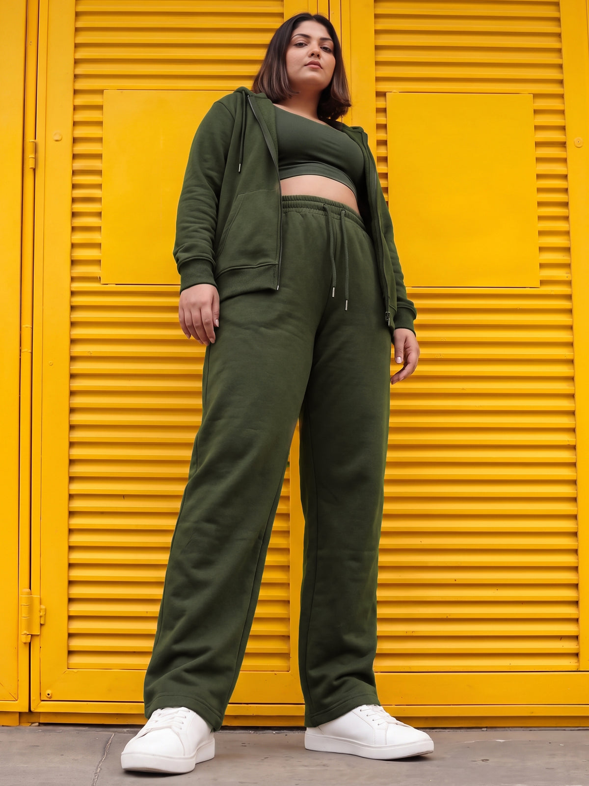 Dark Green Fleece Straight Joggers