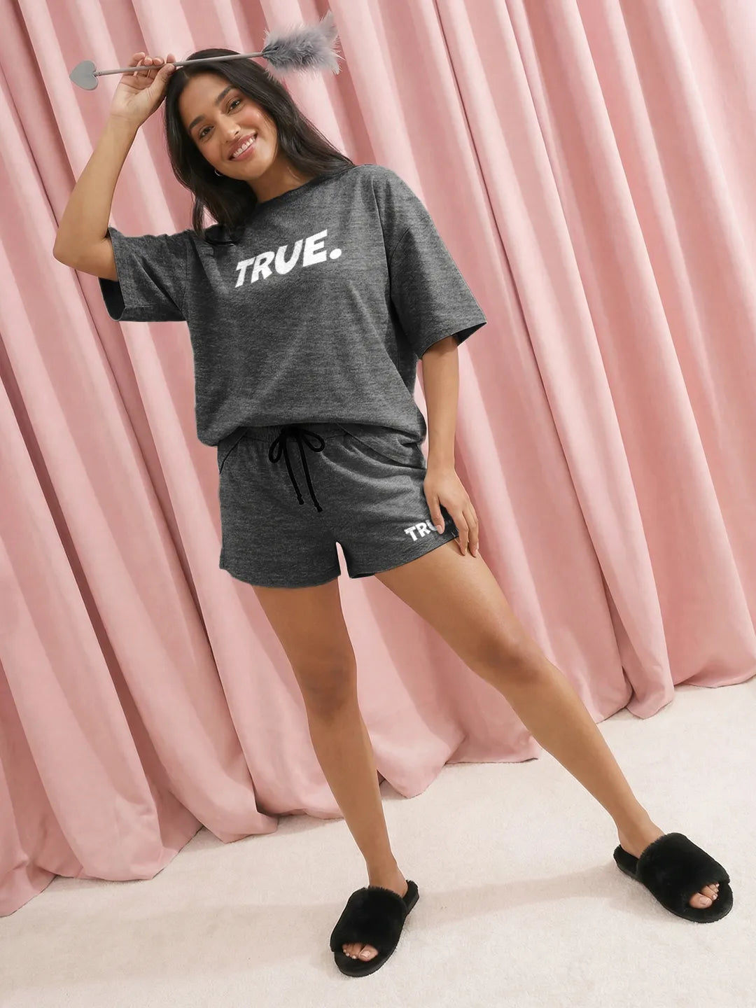 True. Cotton Women's T Shirt and Shorts Combo Set in Grey Color