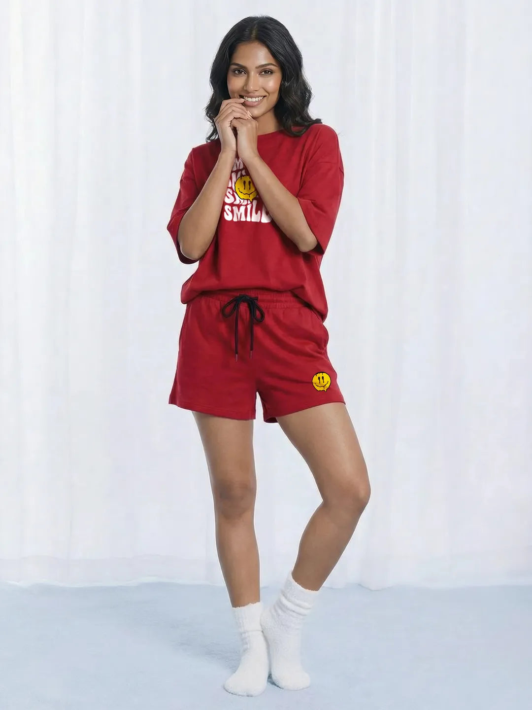 Smile Cotton Women's T Shirt and Shorts Combo Set in Red Color