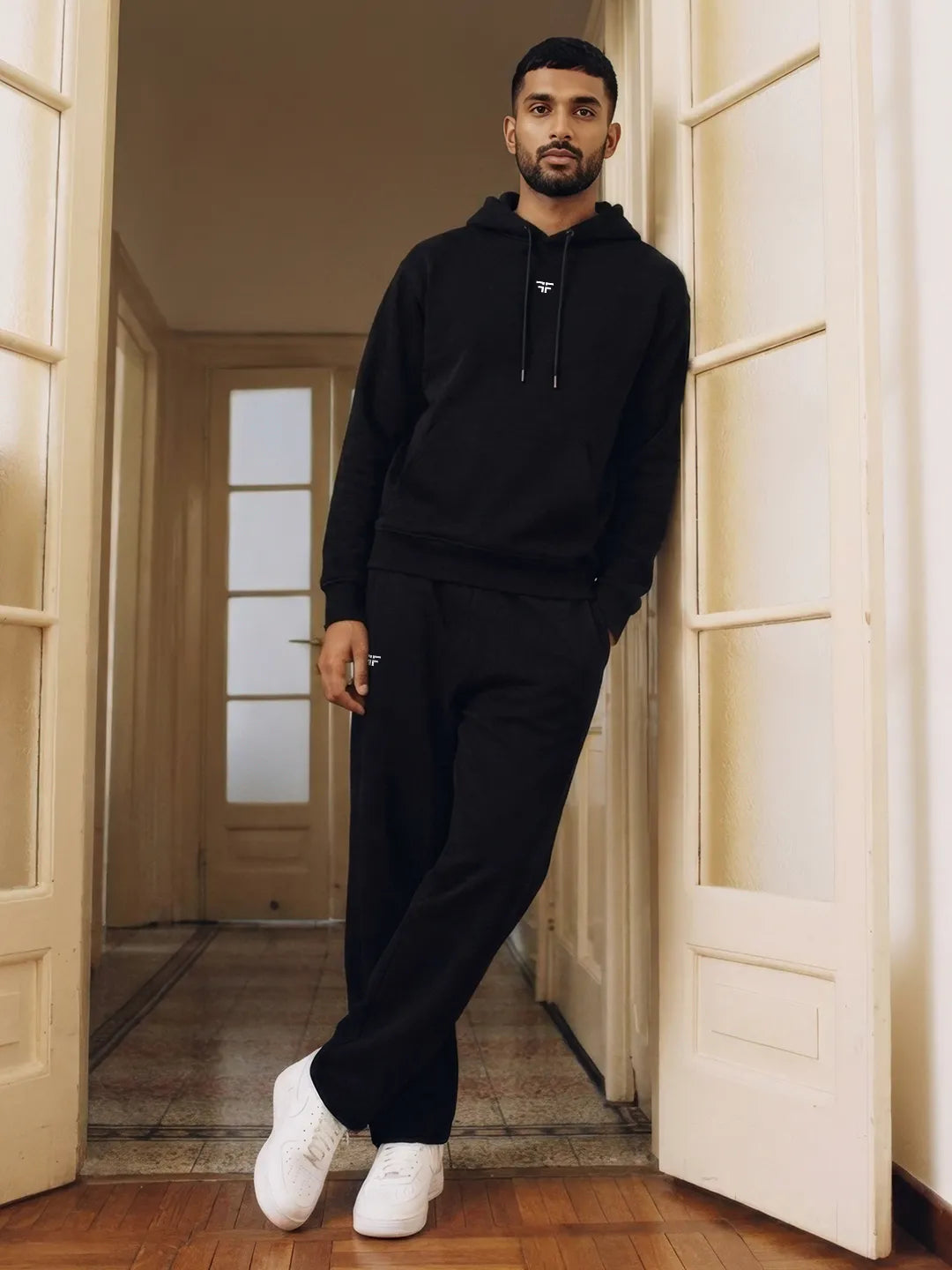 || BLACK STRAIGHT THERMAL CO-ORD SET (HOODIE & STRAIGHT FIT TRACKS COMBO) ||