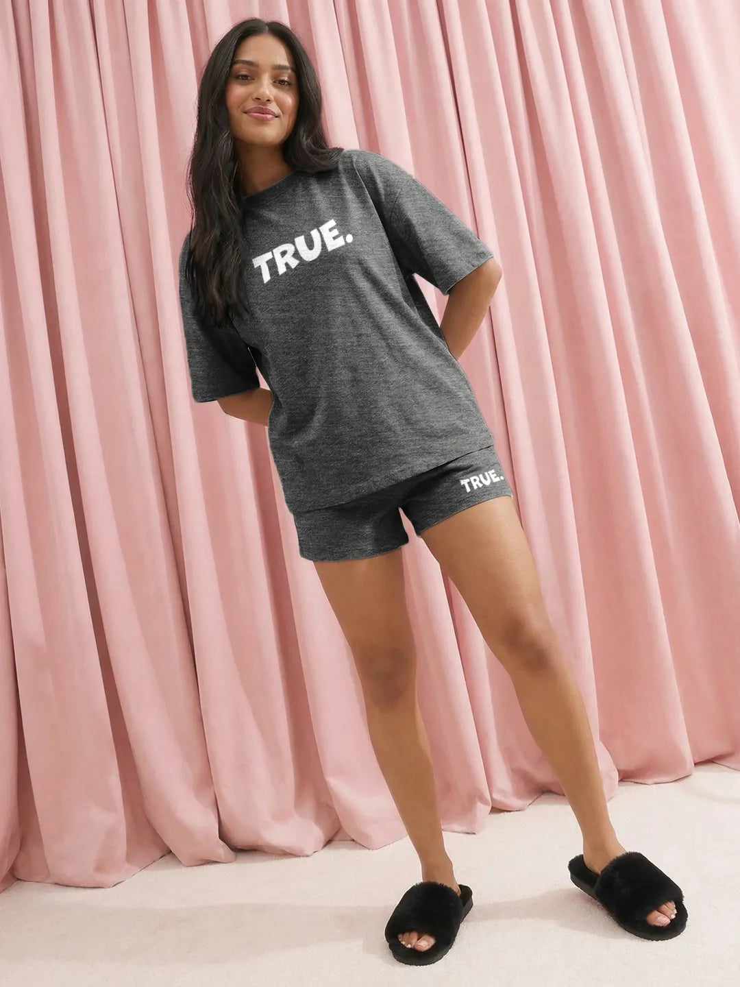 True. Cotton Women's T Shirt and Shorts Combo Set in Grey Color