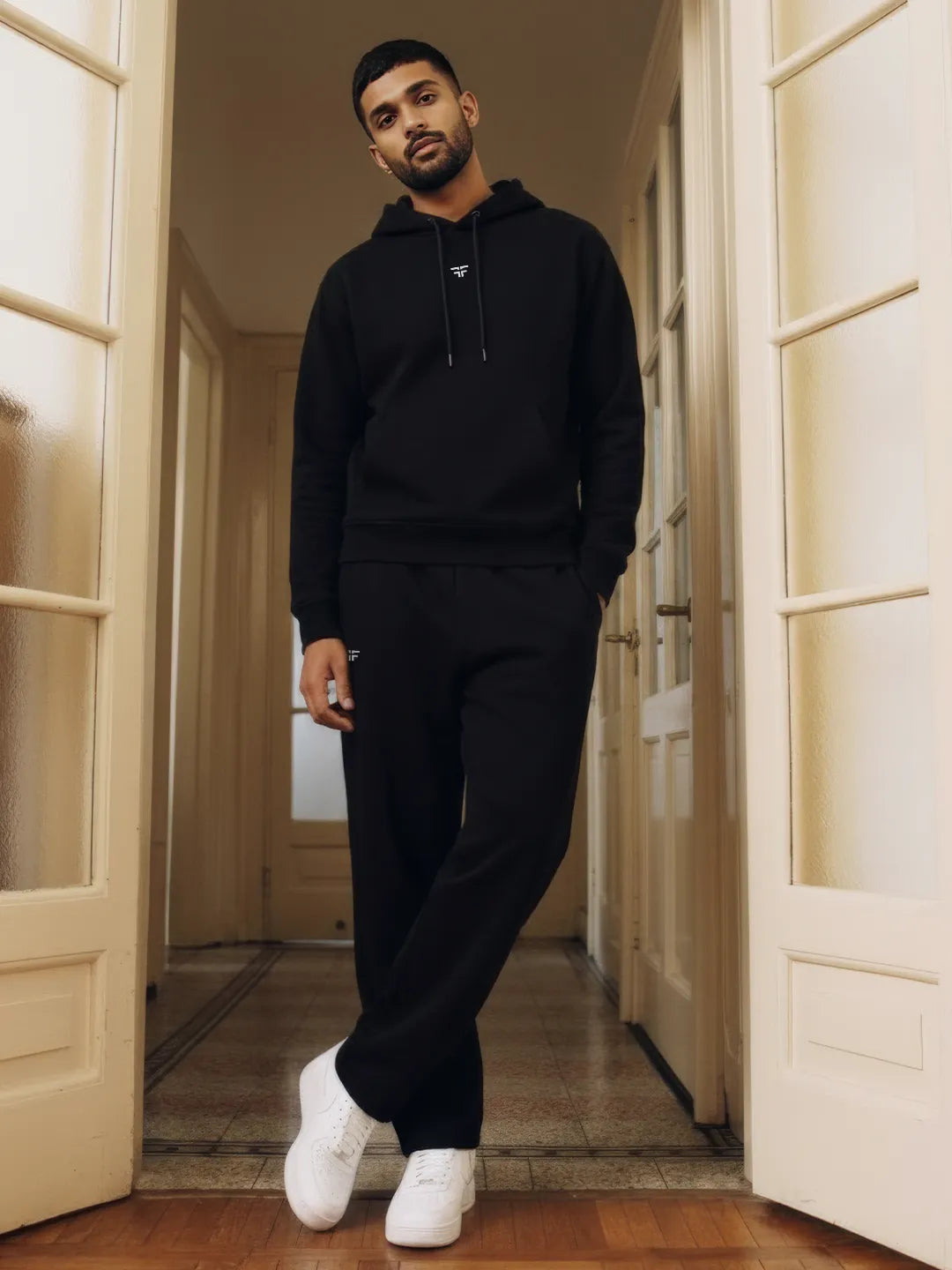 || BLACK STRAIGHT THERMAL CO-ORD SET (HOODIE & STRAIGHT FIT TRACKS COMBO) ||