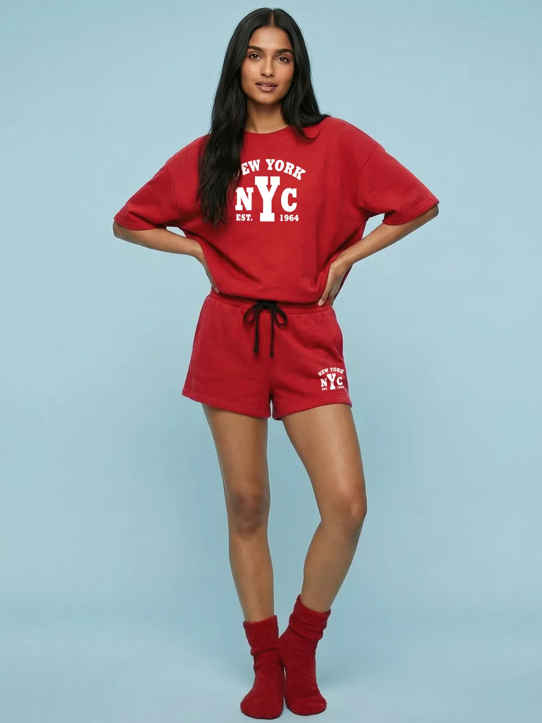 New York Cotton Women's T Shirt and Shorts Combo Set in Red Color