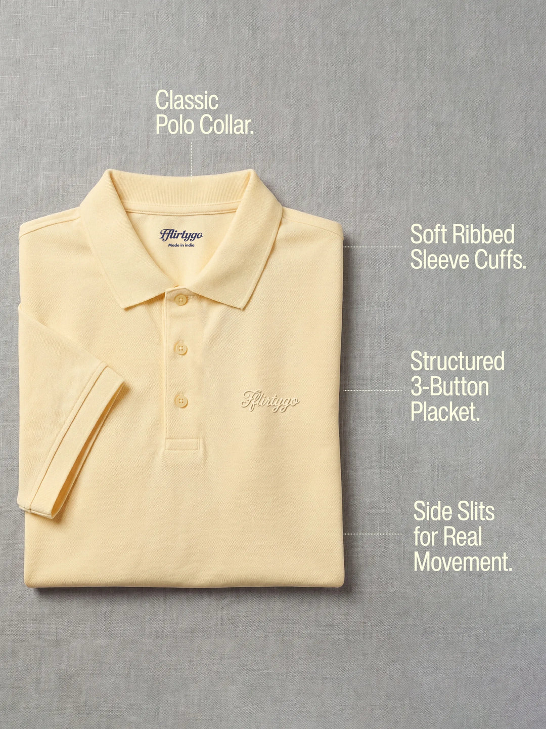 Butter Yellow PurEase Core polo folded flat: classic polo collar, soft ribbed sleeve cuffs, structured 3-button placket, side slits
