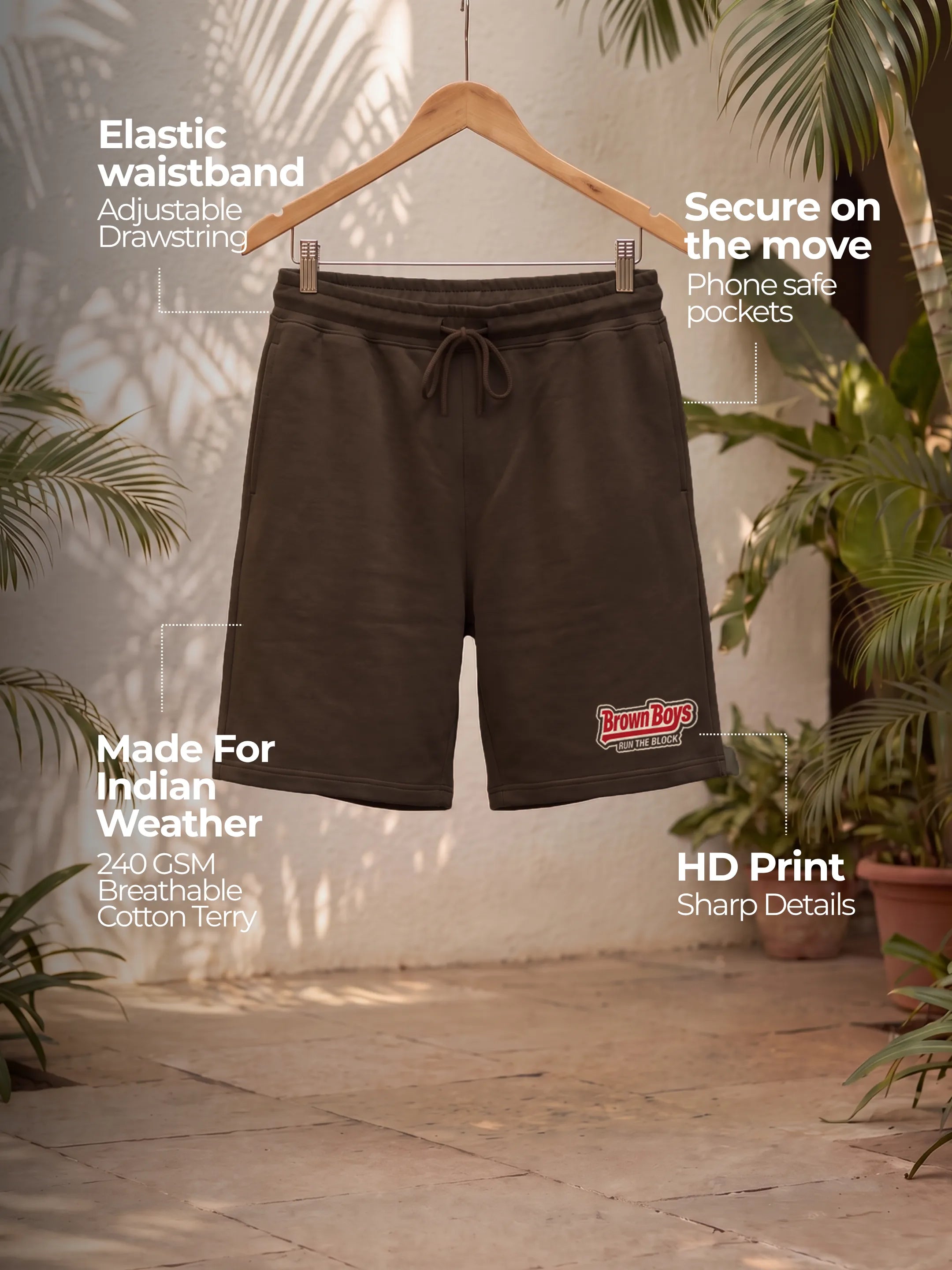 Brown Boys Cotton Mens Shorts