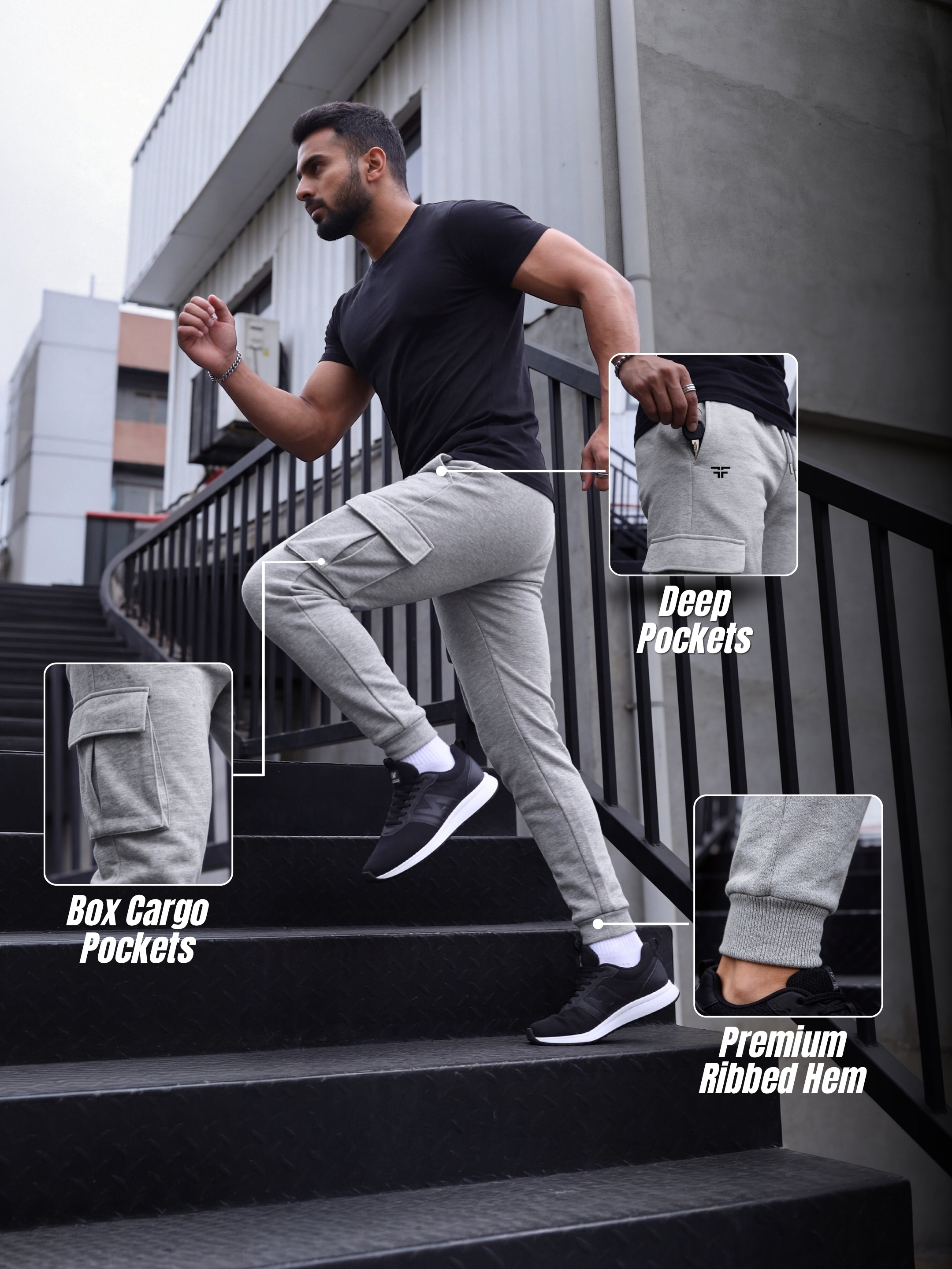 Grey Melange Joggers w/ Box Pockets