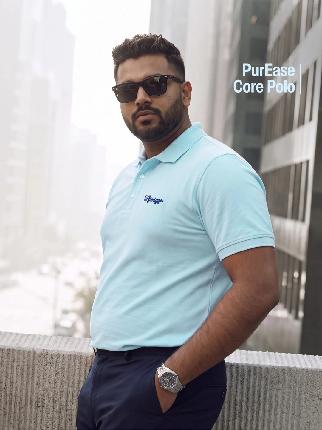 Sky Blue PurEase Core polo, worn, with tier label