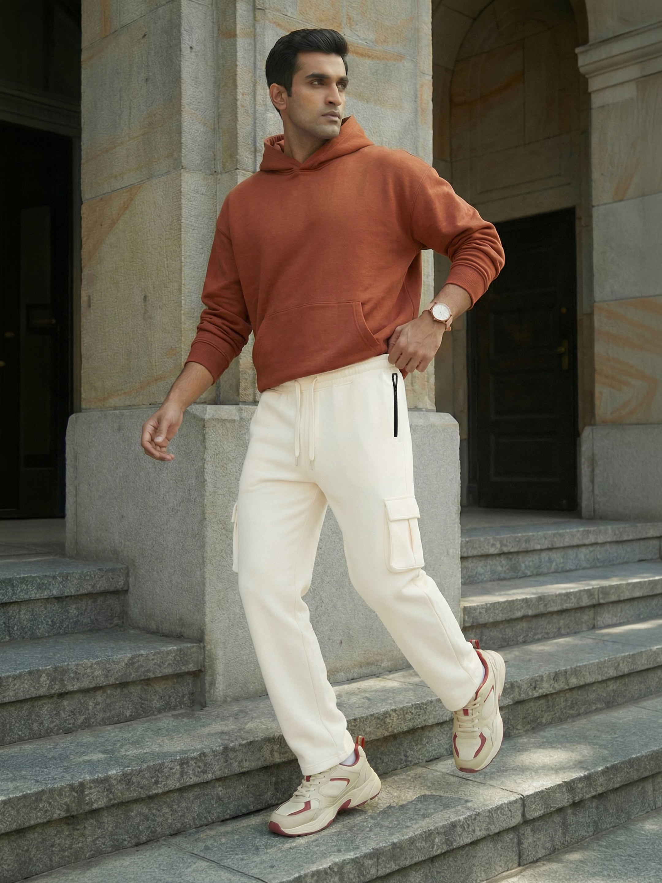 Cream Cargo Joggers w/ 4 Pockets