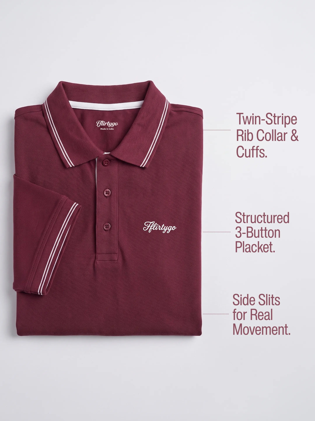 Club Maroon PurEase Elevated polo folded flat: twin-stripe rib collar and cuffs, structured 3-button placket, side slits
