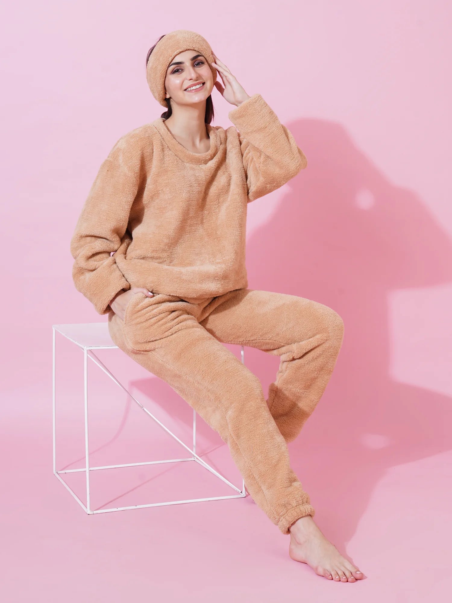 Beige Teddy Winter-Wear Set