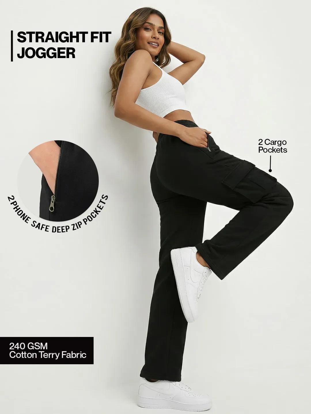 Womens Black Cargo Joggers w/ 4 Pockets