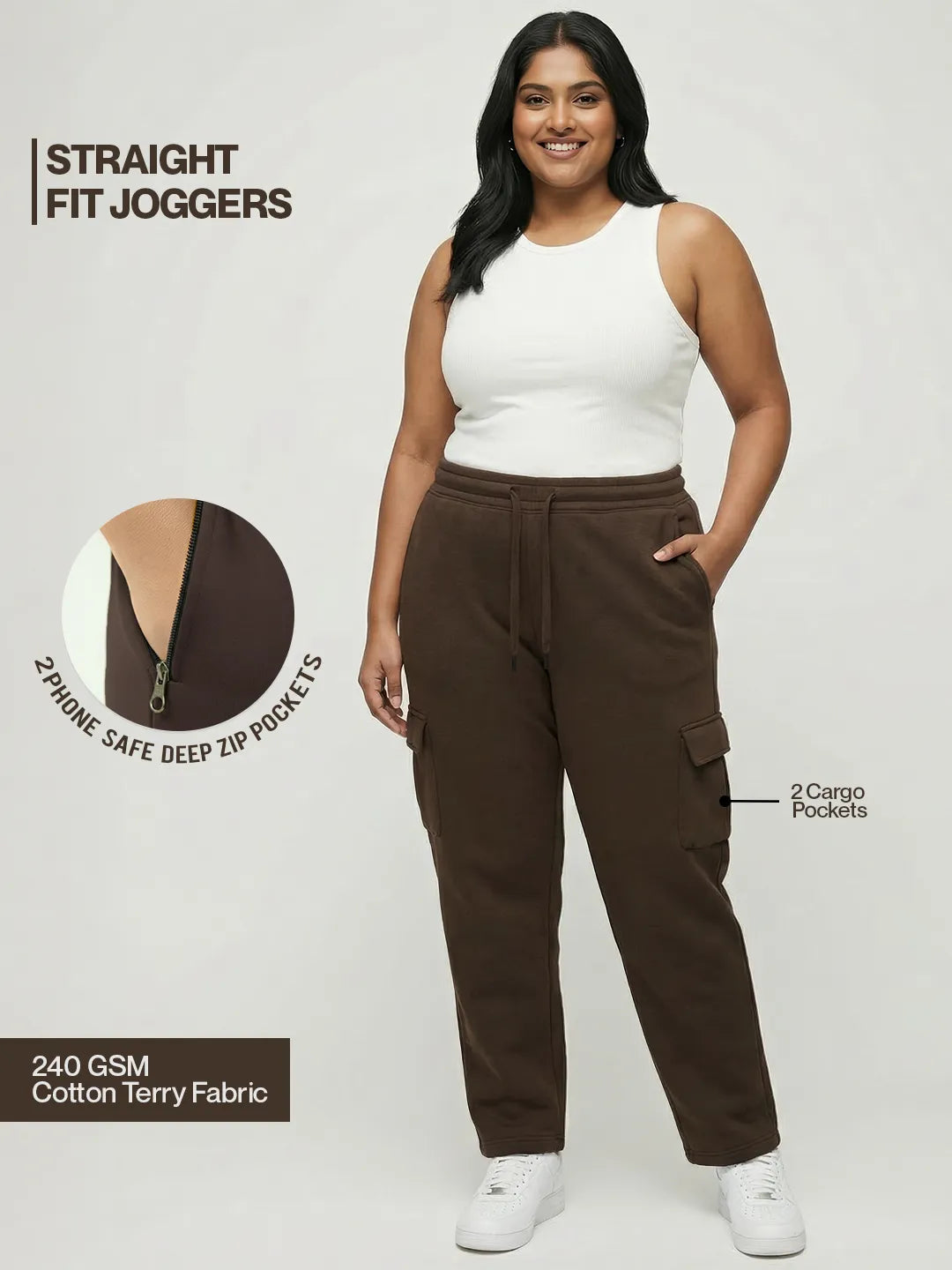 Womens Coffee Brown Cargo Joggers w/ 4 Pockets
