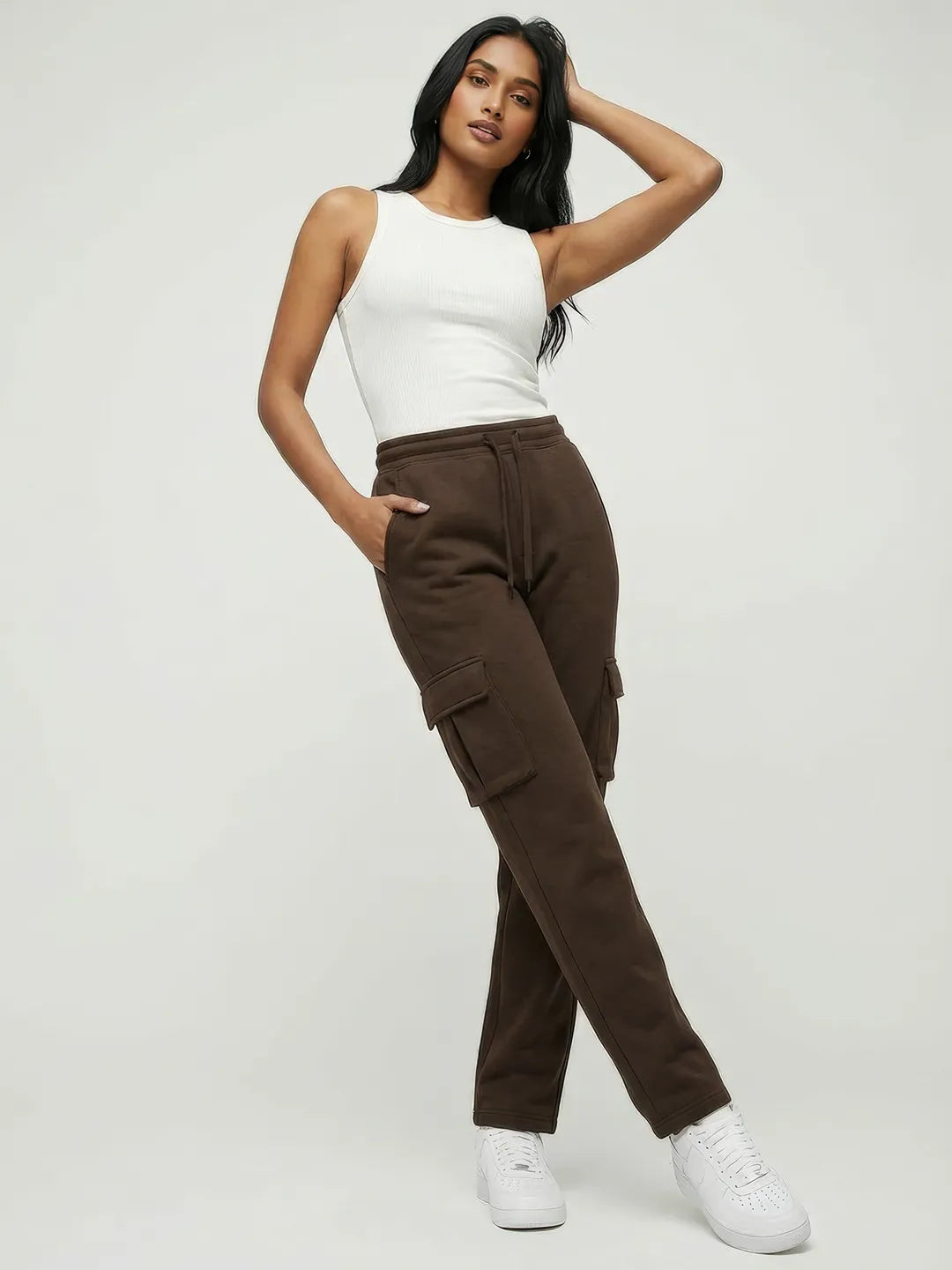 Womens Coffee Brown Cargo Joggers w/ 4 Pockets