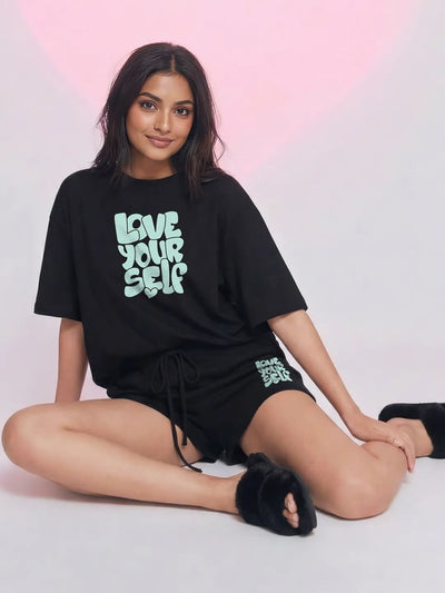 Love Your Self Cotton Women's T Shirt and Shorts Combo Set