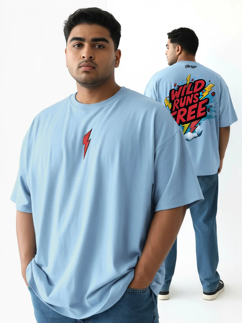 Wild Runs Free Red Puff Printed Men's Oversized T-Shirt