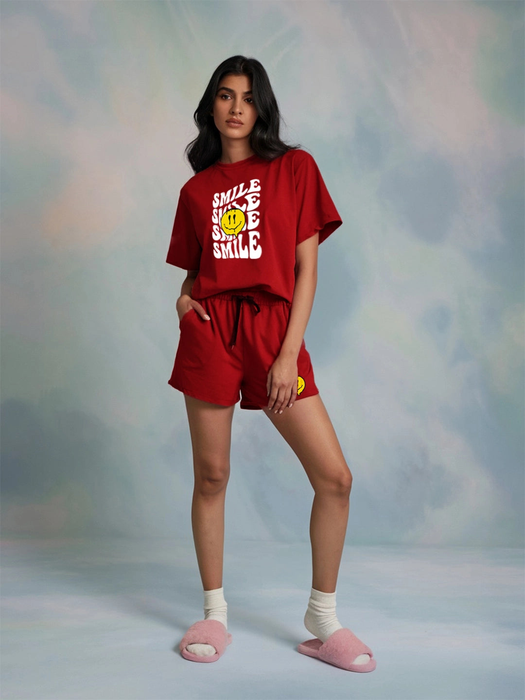 Smile Cotton Girls T Shirt and Shorts Combo Set in Red Color