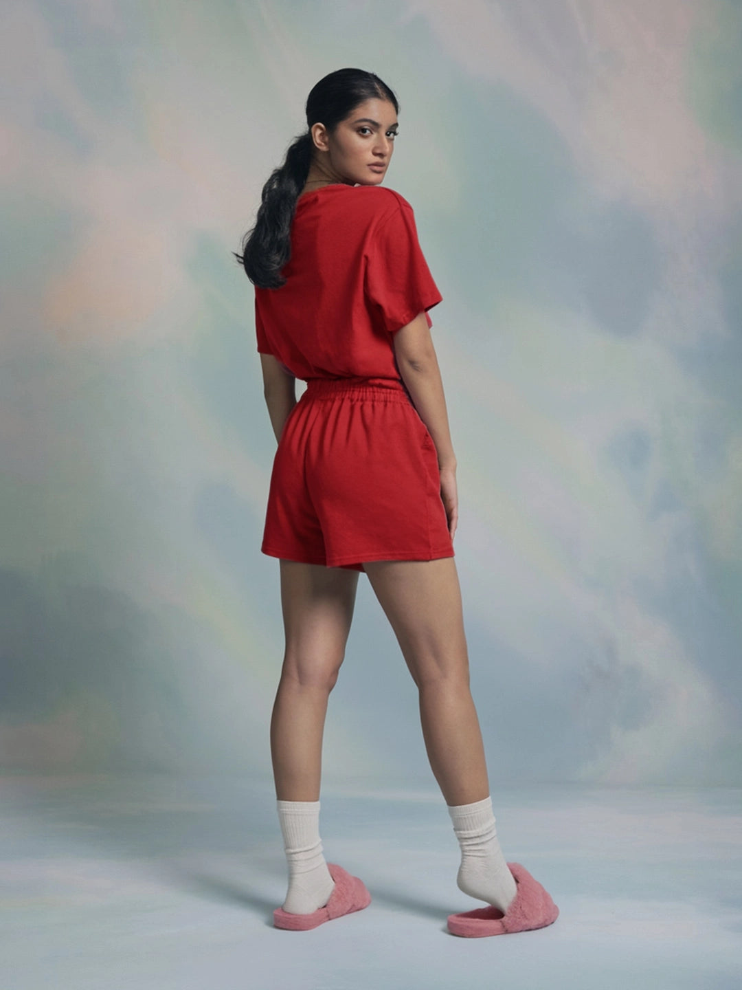 Smile Cotton Girls T Shirt and Shorts Combo Set in Red Color