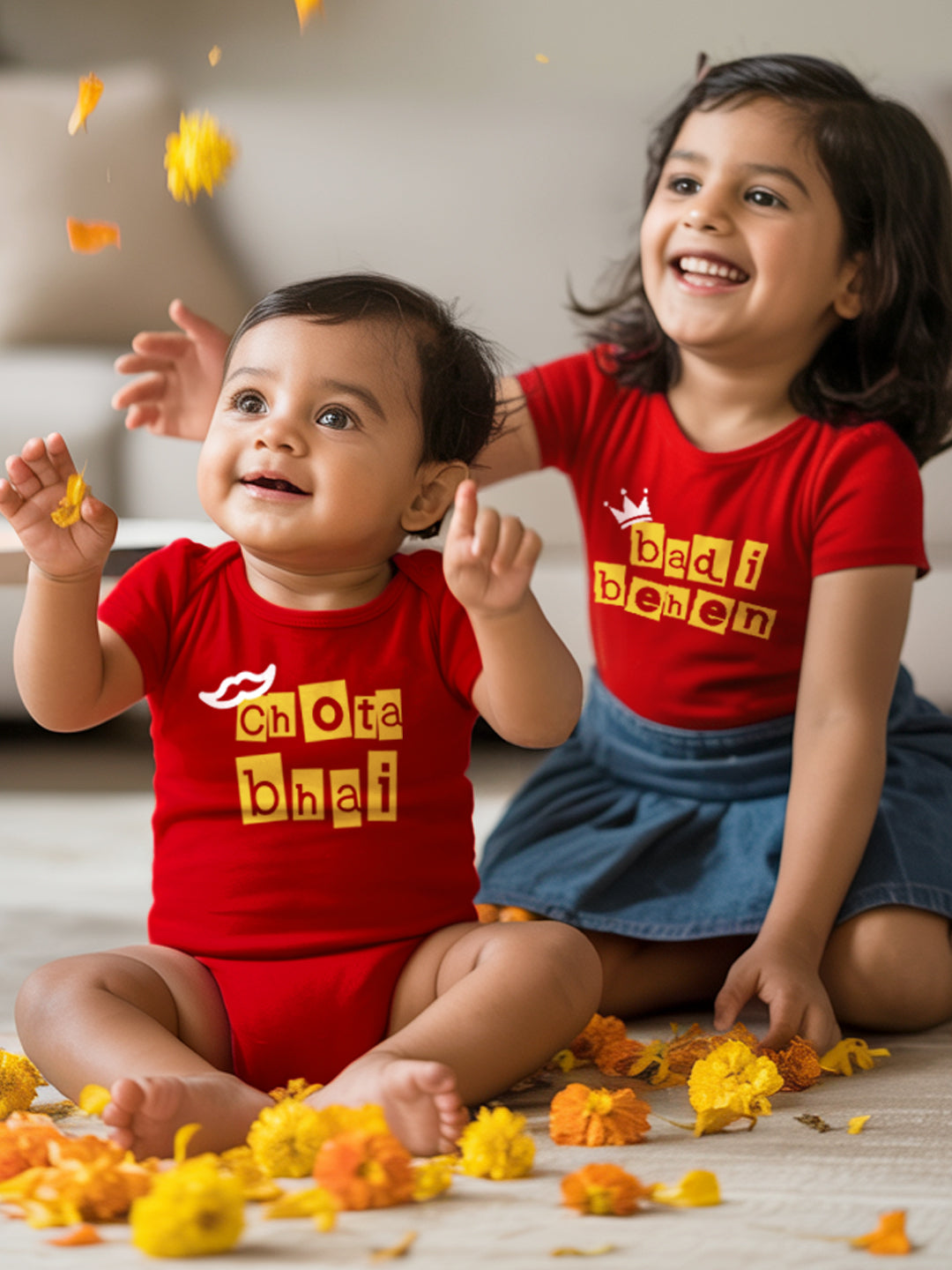 Rakhi sibling matching t-shirt combo in red — brother sister Raksha Bandhan gift