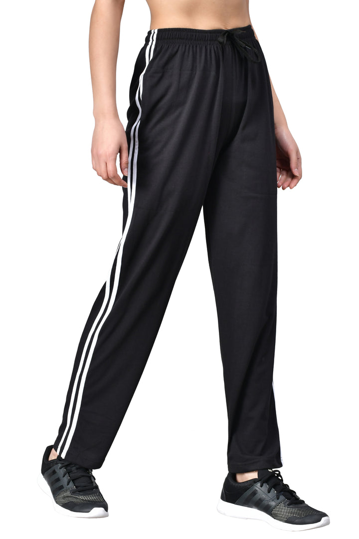 Women's Black Track Pants with White Stripe & Pockets - FflirtyGo