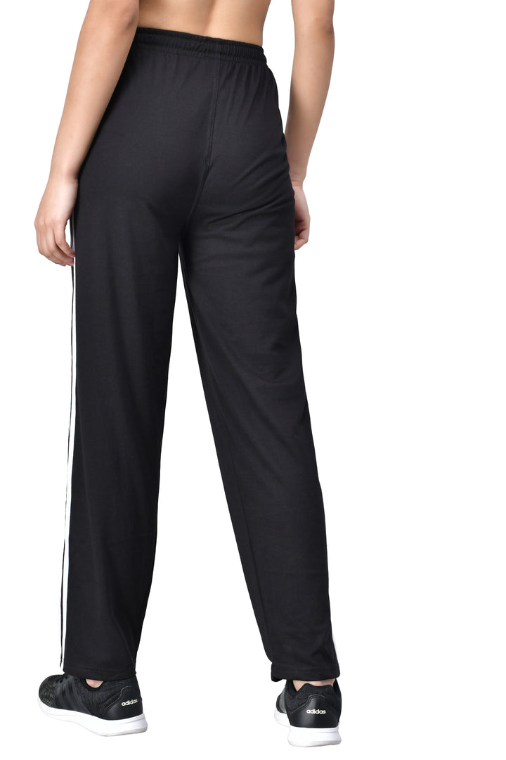 Women's Black Track Pants with White Stripe & Pockets - FflirtyGo
