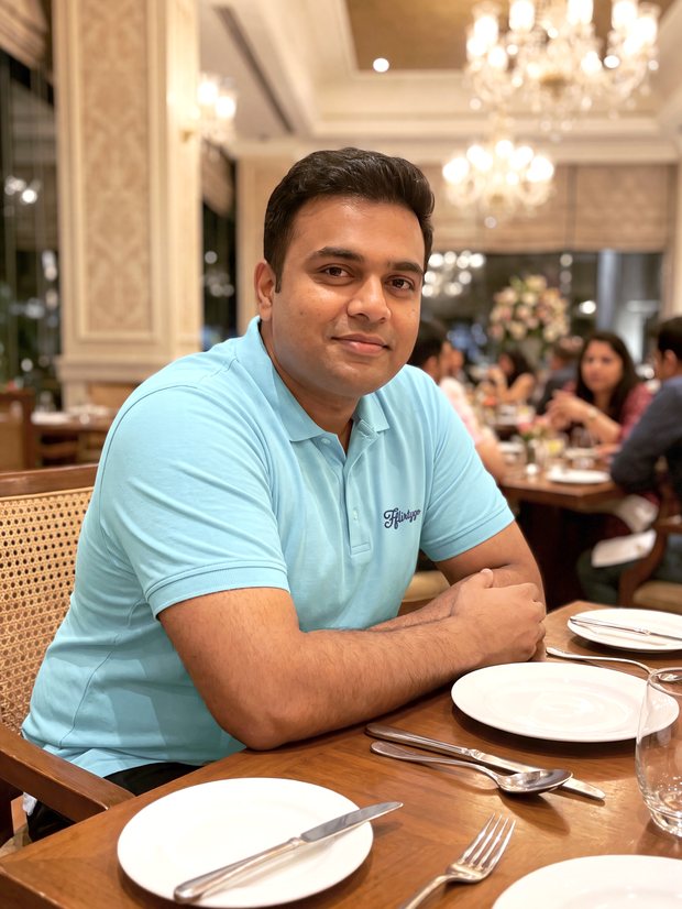 Man in a Sky Blue PurEase polo at a restaurant table