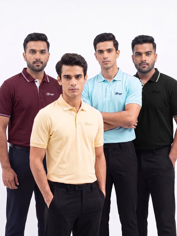 Four men in PurEase polos, maroon, butter yellow, sky blue and black