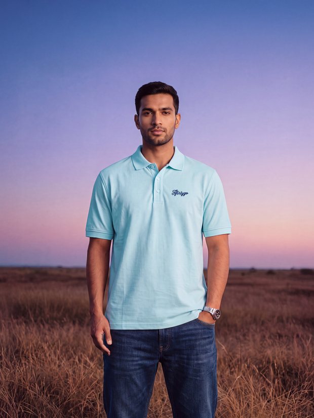 Man in a pale blue PurEase polo at sunset