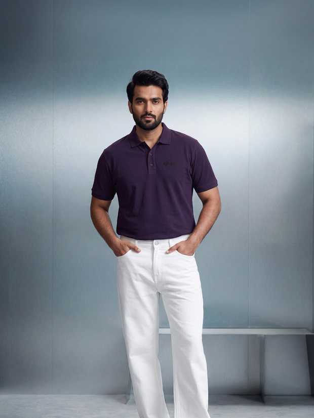 Man in a Deep Plum PurEase polo against a studio wall
